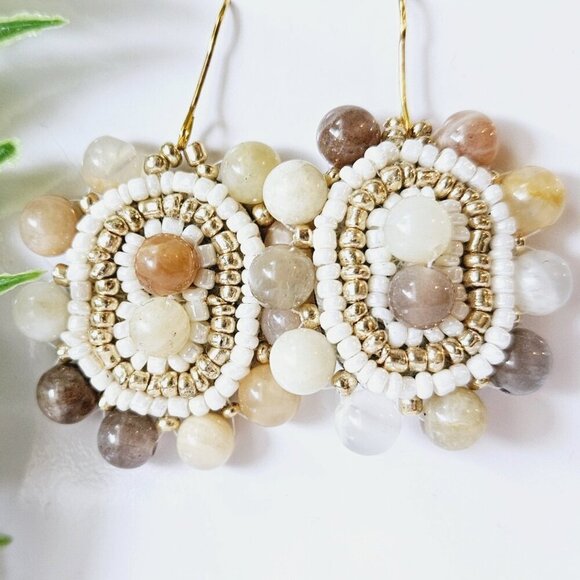 2/$27 | Peach Marble Shield Beaded Indigenous Hoop Earrings | Handmade - Picture 1 of 6